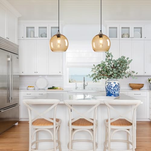 Light Brown Glass Pendant Lights Kitchen Island Lighting Globe Pendant Light Fixtures Modern Pendant Lighting for Bedroom Living Dining Room Light Fixture (2 Count)