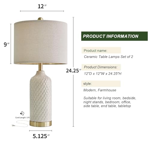 24.25" Table Lamps Set of 2 Modern White Ceramic Lamps Living Room Bedroom (2 Count)