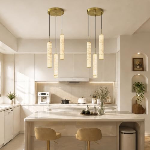 Gold Natural Alabaster Long Tube Kitchen Island Pendant Lights