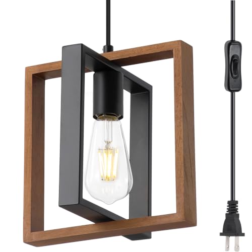 Rustic Wood Plug in Pendant Light with ON