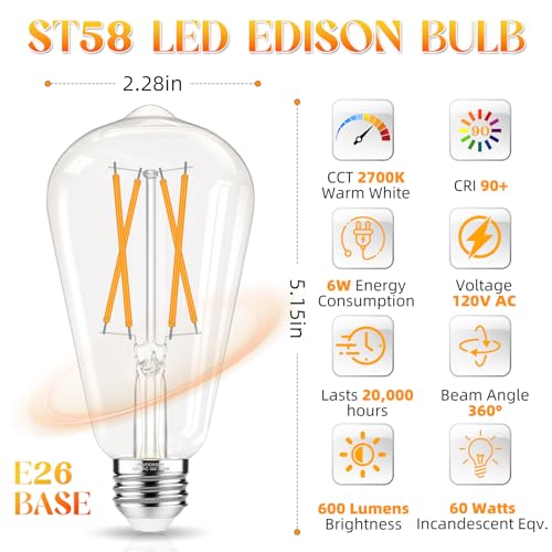 E26 Bulb, Non-Dimmable Edison Bulbs 60 watt LED Equivalent, 2700K Warm White, ST58 Vintage Light Bulbs, 90+ CRI, 6W 600LM, E26 Medium Base, Clear Glass, 24 Pack (24 Count)