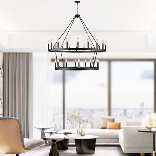 Rustic Farmhouse Black Wagon Wheel Chandelier Large Chandeliers for High Ceilings Kitchen Table Lighting 2 Tier 32 Lights 50 Inch for Dining Room Living Room Foyer Porch Kitchen Island
