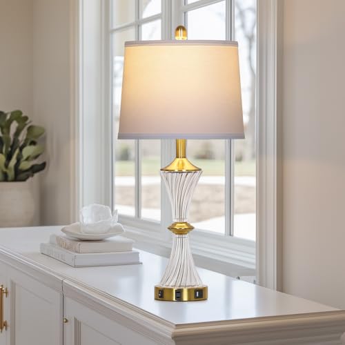 Crystal Glass Table Lamp with USB C+A Ports & AC Outlet