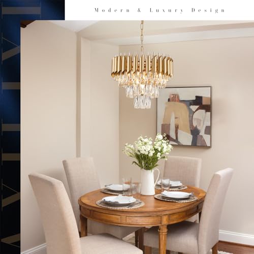 Gold Crystal Chandelier 16”Modern Ceiling Dining Room Pendant Light Fixtur