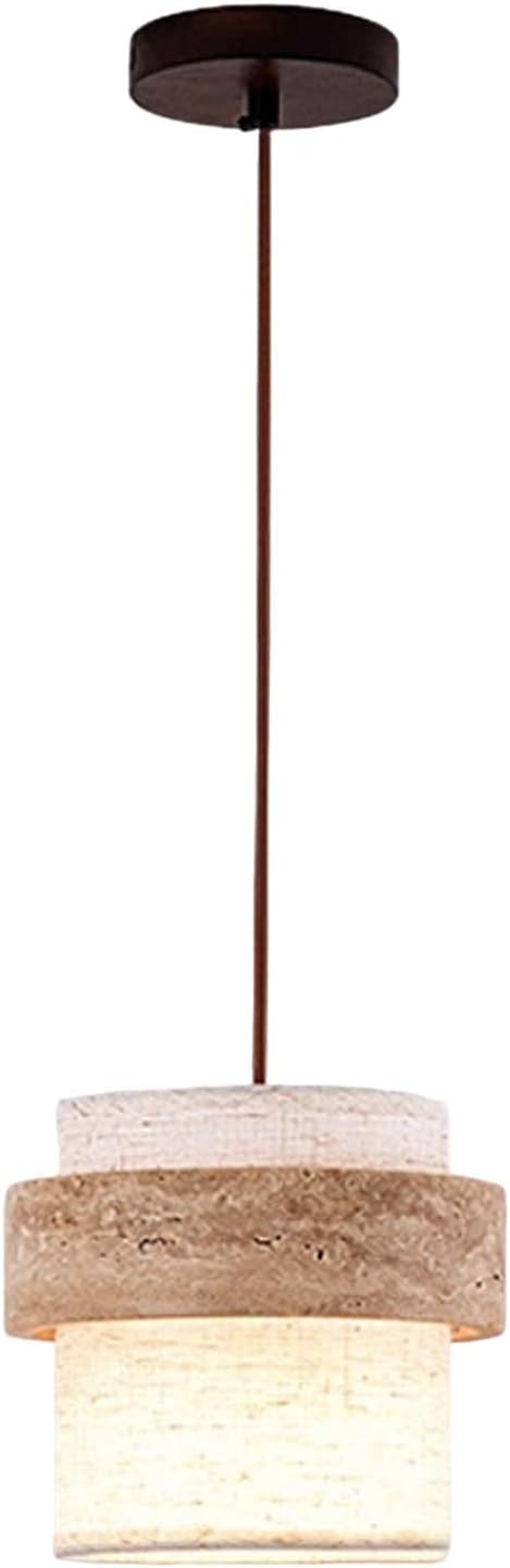 Stone Pendant Light With Wabi Sabi Style Yellow Travertine & Japanese Light Fixture, Fabric Hanging Chandelier For Interior, Wabi Sabi Lamp For Kitchen Island Living Room