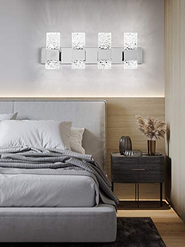 Modern LED Bathroom Vanity Light Fixtures Chrome Stainless Steel 4 Light Wall Sconces Over Mirror 28 Inch 40w Crystal Cool White 5800K Dimmable