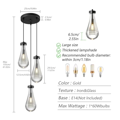 Raindrop Pendant Lights Kitchen Island Teardrop Black Hanging Light Fixtures Clear Solid Glass Pendant Light Modern Chandeliers for Dining Room Porch Corridor Living Room