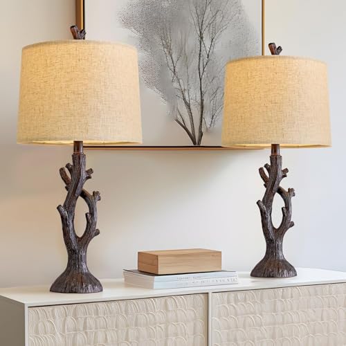 25" Farmhouse Table Lamp Set of 2 for Living Room Bedroom Resin Bedside Tree Lamp Nightstand End Table Lamps Vintage Natural Style (2 Count)