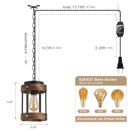 Rustic Farmhouse Plug in Pendant Light Fixture with Adjustable Chain