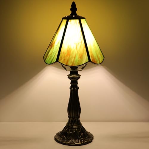 Small Tiffany Style Table Lamp Amber Green Stained Glass Lamp 14 Inch