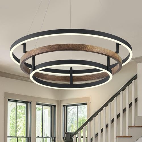 3 Ring LED Chandelier Modern Chandeliers Walnut Wood Black Dimmable 24''