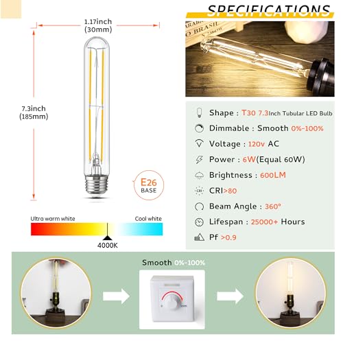 Tubular Light Bulb 7.3 Inch Dimmable T10 LED Bulb E26 6W 60 Watts 4000K (4 Count)