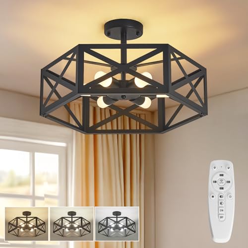 30W Semi Flush Mount Ceiling Light with Remote 19.7" Hexagon Black