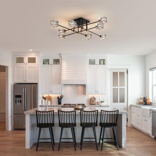 8 Light Crystal Ceiling Light Fixture Semi Flush Mount Ceiling Light Fixture Modern Black and Gold Sputnik Chandeliers for Dining Room Living Room Kitchen Island Hallway Bedroom