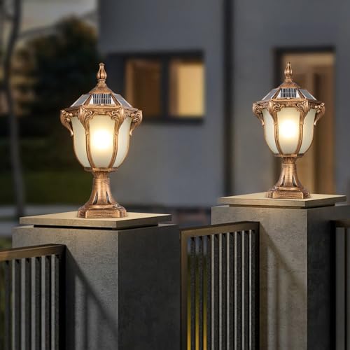 2 Packs Solar Pillar Lamps 18.1In Outdoor Post Caps Light Solar Power Post Lighting Bronze Column Lamps with Glass Waterproof Landscape Lighting Fence Deck Bollard Light Mailbox Yard Path Lamp