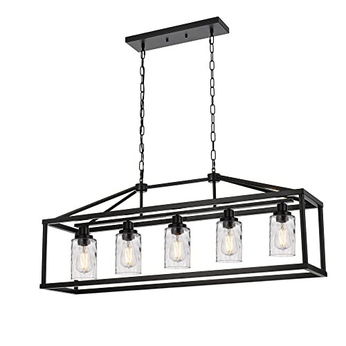 Black Farmhouse Chandeliers Rectangle 5 Light Modern Kitchen Island Pendant Light with Clear Water Glass Industrial Linear Dining Room Lighting Fixture Hanging Flush Mount Ceiling Lights