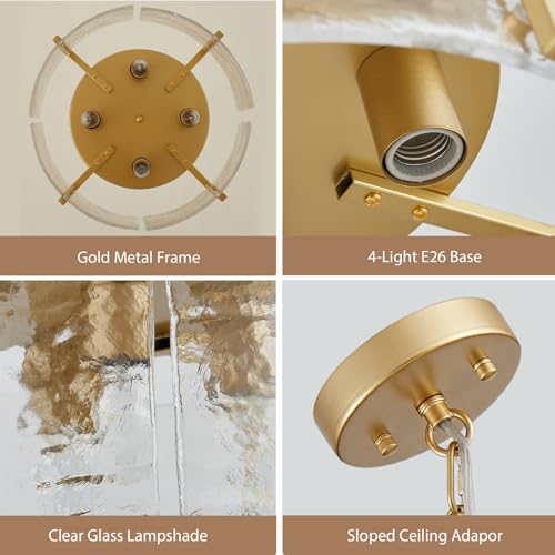 4 Light Glass Gold Chandeliers for Dining Room 17.3" Round Modern Farmhouse Chandelier Drum Hanging Pendant Ceiling Light Fixture for Hallway Entryway Kitchen Island Foyer Bedroom Laundry