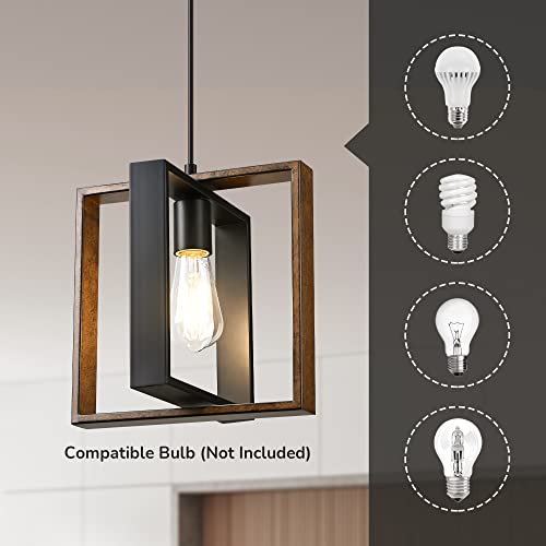 Farmhouse Pendant Light Wood Grain Finish Black Adjustable
