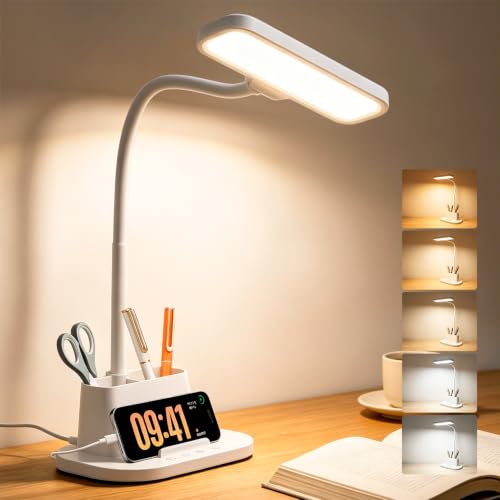 LED Desk Lamp for Dorm Small Desk Lamp with Pen Holder 5 Color Modes White (White)