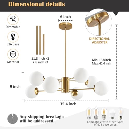 8 Light Globe Sputnik Chandelier Gold Mid Century Modern Light Fixture Brushed Brass Finished with White Frosted Globe Glass Lampshade Sputnik Chandeliers for Dining Room Kitchen Island Bedroom