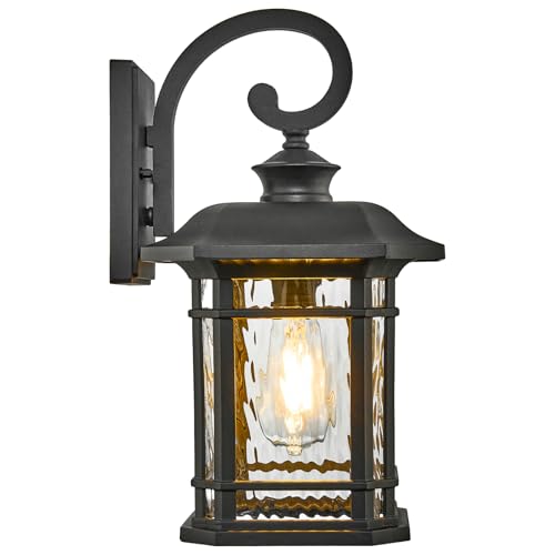 Outdoor Wall Lights Garage Outdoor Light Fixtures Waterproof Porch Light with Water Ripple Glass Black Finish E26 Socket Max 60W