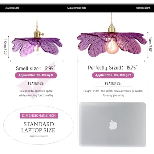 Purple Glass Pendant Light Fixtures 15.75" Large Flower Petal Ceiling Hanging Light Statement with Brushed Gold Base Mid Century Modern Chandelier for Kitchen Island Dining Room Living Room Foyer
