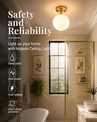 Semi Flush Mount Ceiling Light 6" Globe Mid Century Modern Light Fixture Milk Glass with Gold Brass Finish Light Fixtures for Hallway Entryway Kitchen Island Closet Laundry Bathroom
