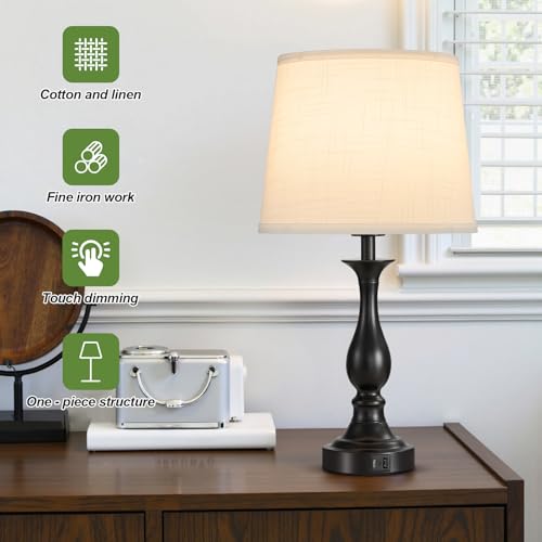 Bedside Table Lamp Touch Control Bedroom Lamps with USB A + C Charging Port 3 Way Dimmable Touch Lamps for Nightstand Living Room Bedroom Dorm Home Office Reading (2 Count)