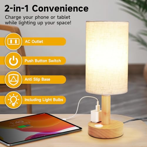 Small Bedside Table Lamp with AC Outlet