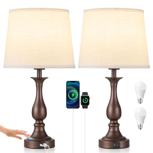 Bedside Table Lamp Touch Control Bedroom Lamps with USB A + C Charging Port 3 Way Dimmable Touch Lamps for Nightstand Living Room Bedroom Dorm Home Office Reading (2 Count)
