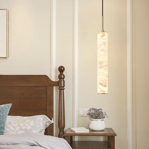 Natural Alabaster Pendant Lights for Kitchen Island White Marble Long Tube Chandelier 4000K Modern Gold Ceiling Light Fixtures for Bedroom Dining Room Table Living Room Hallway