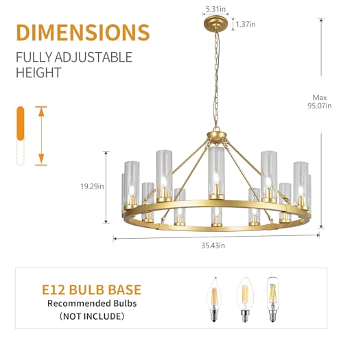 12 Lights Gold Chandelier Wagon Wheel Chandelier with Clear Glass Shade Round Industrial Pendant Lighting Fixture for Stair Living Room Foyer Kitchen
