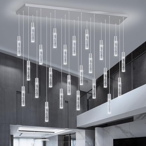 24 Lights Modern Crystal Chandeliers LED Pendant Light for Kitchen Island Dining Room Entrance Foyer Living Room Silver