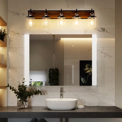 4 Light Farmhouse Bathroom Light Fixtures Vintage Bathroom Vanity Lights Over Mirror Black and Wood Painted Metal Vanity Light for Bathroom with Glass Shades E26 Socket