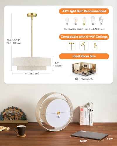 VONLUCE 18" Modern Drum Chandelier, 4-Light 2-Tier Linen Pendant Light | Brushed Gold Finish with Adjustable Height Hanging Light Fixture for Dining Room Bedroom Living Room