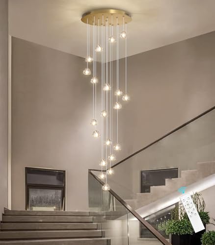 LED Glam Chandelier 138 inches Long Light Luxury Crystal Ceiling Chandeliers Remote Dimmable High Ceiling Pendants Lighting Fixtures Gold 20 Lights