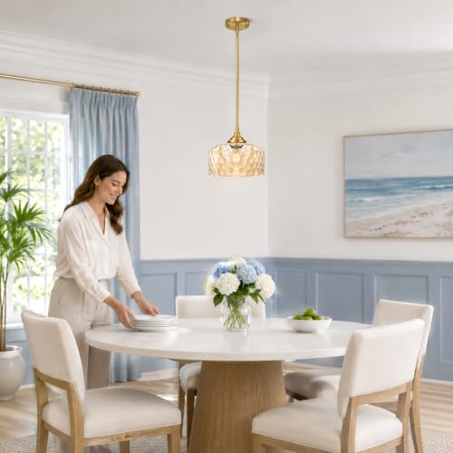 Gold Farmhouse Hammered Glass Kitchen Pendant Lighting Over Island