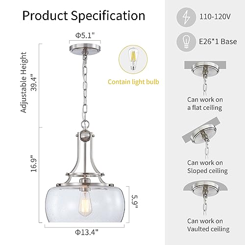 Chandelier Rustic Farmhouse Industrial Round Ceiling Pendant LED Light Fixture Clear Seeded Glass Shade for Dining Room Kitchen Island Foyer Entryway