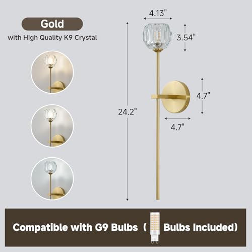 Gold Crystal Wall Sconces Brushed Brass Mid Century Modern Bathroom Sconce