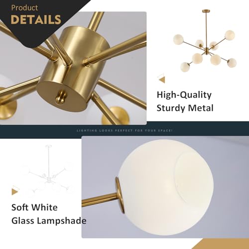 8 Lights Gold Globe Sputnik Chandelier Vintage Milk Glass Chandelier Light Fixture Large Modern Sputnik Pendant Lights Kitchen Island Mid Century Brushed Brass Bedroom Ball Hanging