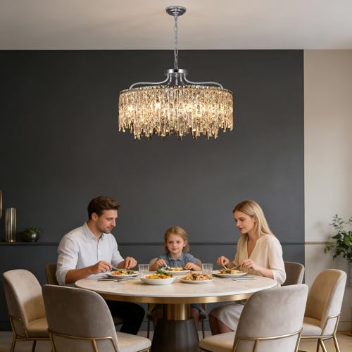10 Lights Chrome Round Crystal Chandeliers for Dining Room 28"