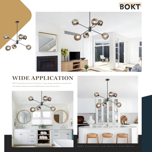 6 Lights Modern Glass Globe Sputnik Chandelier Mid Century Matte Black Sputnik Pendant Light Fixture Adjustable Vintage Large Smoke Gray Ball Chandelier Pendant Light for Kitchen Living Room