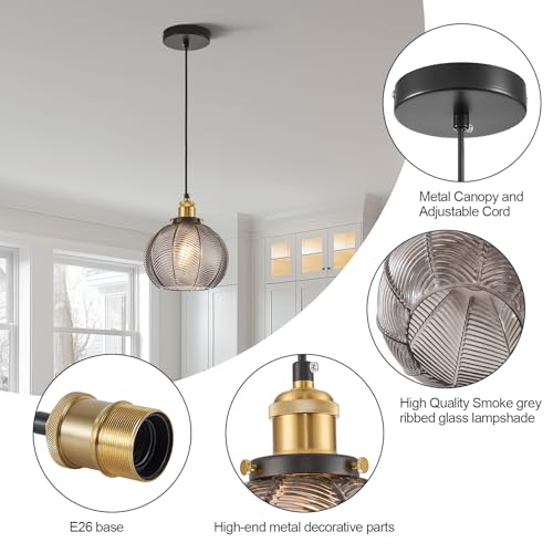 Vintage Smoke Gray Glass Pendant Lights for Kitchen Island 2 Pack