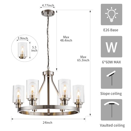 6 Light Modern Dining Room Light Fixture Brushed Nickel Kitchen Chandelier Ceiling Hanging Pendant Lighting with Glass Shade for Living Room Bedroom Entryway Adjustable Height Metal E26