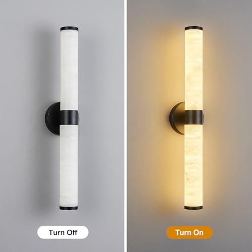 Natural Alabaster Wall Sconces Modern Black LED Wall Lights 24" Spanish Marble Cylinder Sconces for Living Room Bedroom Bathroom Hallway