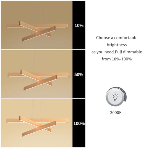 3 Light Solid Wood Natural Linear Pendant Light Modern LED Pendant Light Dimmable Chandelier for Dining Room Table Kitchen Island Living Room Ceiling (3 Count)