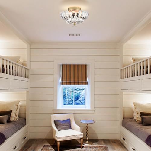 Gold Ceiling Light Fixture with Scalloped Clear Glass Shade