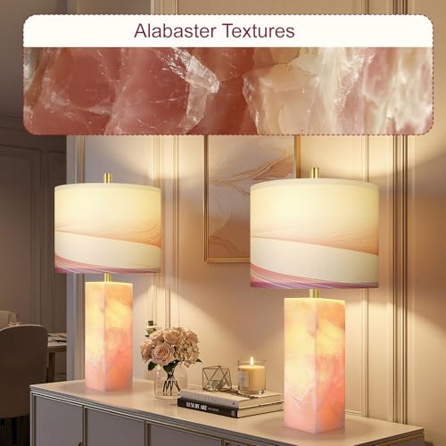 23" Alabaster Table Lamp Set of 2 with Night Light for Bedroom (2 Count)