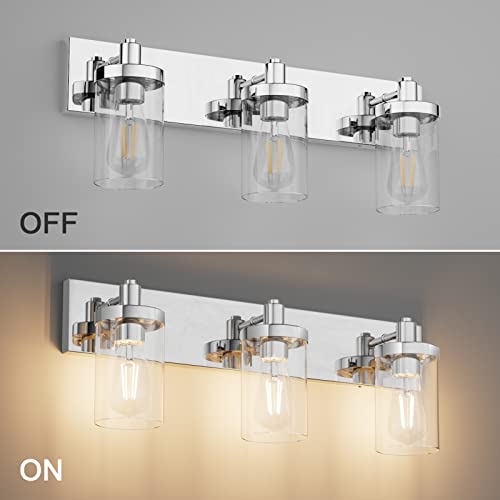 Chrome Vanity Light for Bathroom 3 Light Farmhouse Bathroom Lights Fixtures Over Mirror with Clear Glass Shade