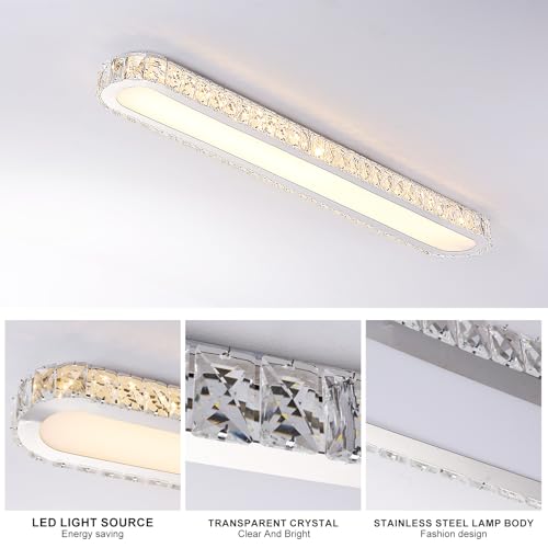 Dimmable LED Ceiling Light 39.4'' Kitchen Lighting Fixtures Ceiling Modern Luxury Crystal Ceiling Light with Remote Chrome Long Ceiling Light Fixture for Kitchen Dining Room Hallway